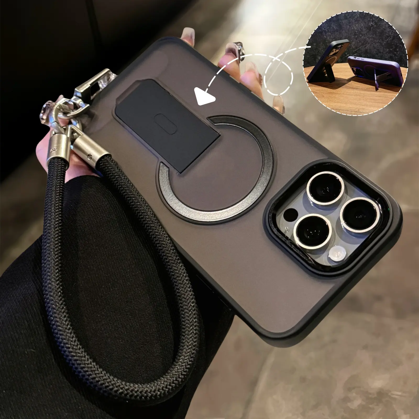 【Nylon Lanyard】Metal lens skin feeling folding bracket magnetic attraction For iphone16 Pro Max 15 14 13 iPhone case silicone soft shell TPU shockproof