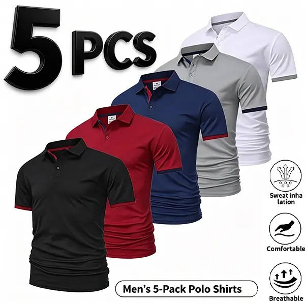 Men's 3&5 Pack Slim Fit Contrast Cuff Polo Shirts, Breathable Sweat Wicking Stretch Golf Business Casual Tops