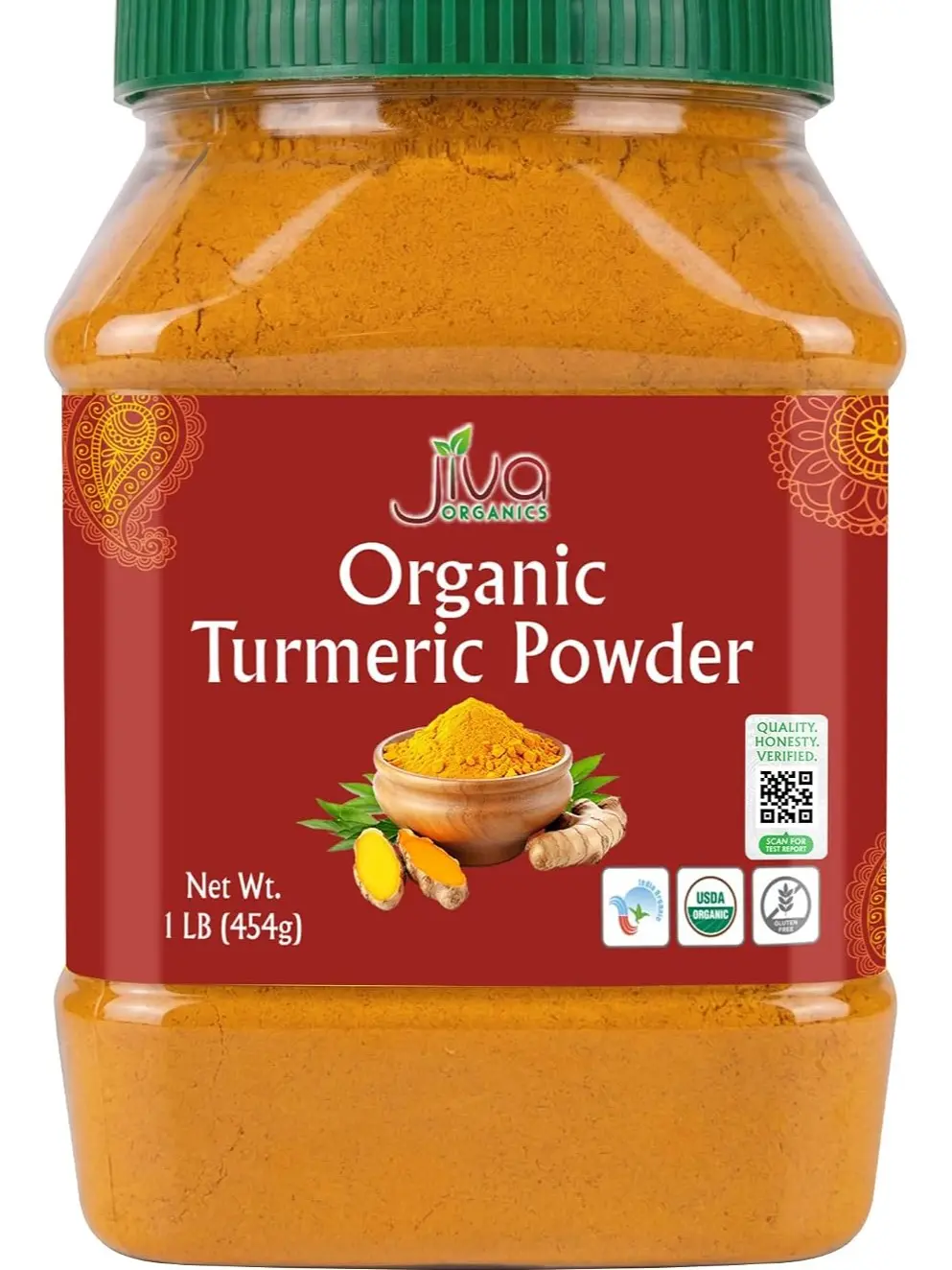 Organic Turmeric Powder 1 Pound Jar by Jiva Organics - 100% Raw with Curcumin - Lab Tested & Reports Available
