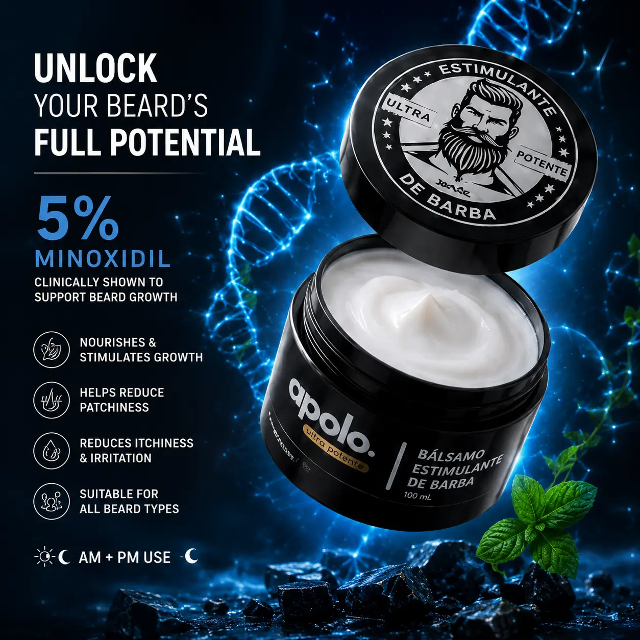 Apolo Ultra Potente Minoxidil Beard Growth Cream, High Potency Beard Stimulant for Men, Activate Follicles Quickly, Fill In Sparse Beard Areas, Grow Dense, Natural Thick Beard