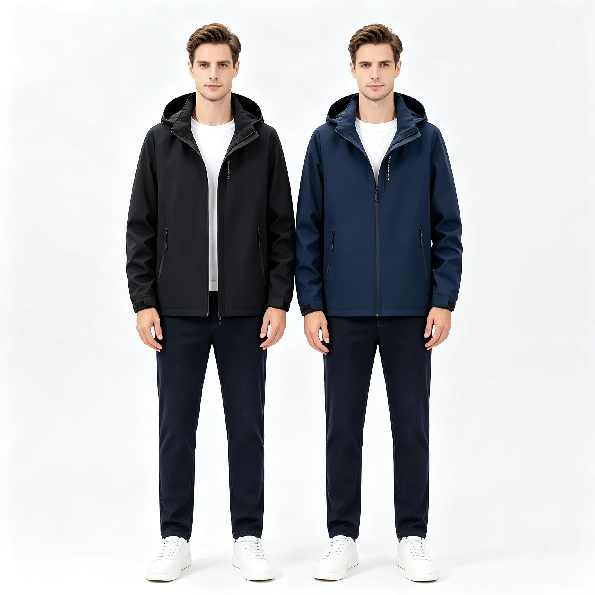 Multi-pack men’s all-season lightweight windproof jackets with hoods, waterproof softshell full-zip hooded outerwear with adjustable cuffs.Classic black/dark gray 2-piece set suitable for commuting, fishing, weekend leisure, and streetwear styling