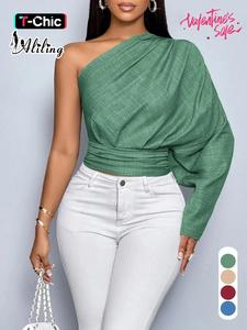 women's plain one shoulder   blouse, casual ruched top for summer, women's clothing for daily wear