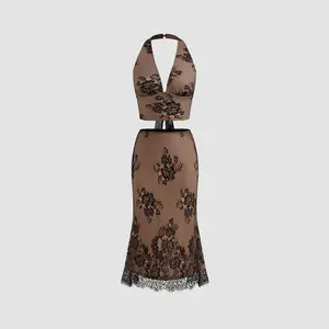 Cider [size 2-10] Lace V-neck Floral Knotted Crop Halter Top & Mid Rise Maxi Skirt SwimWeek