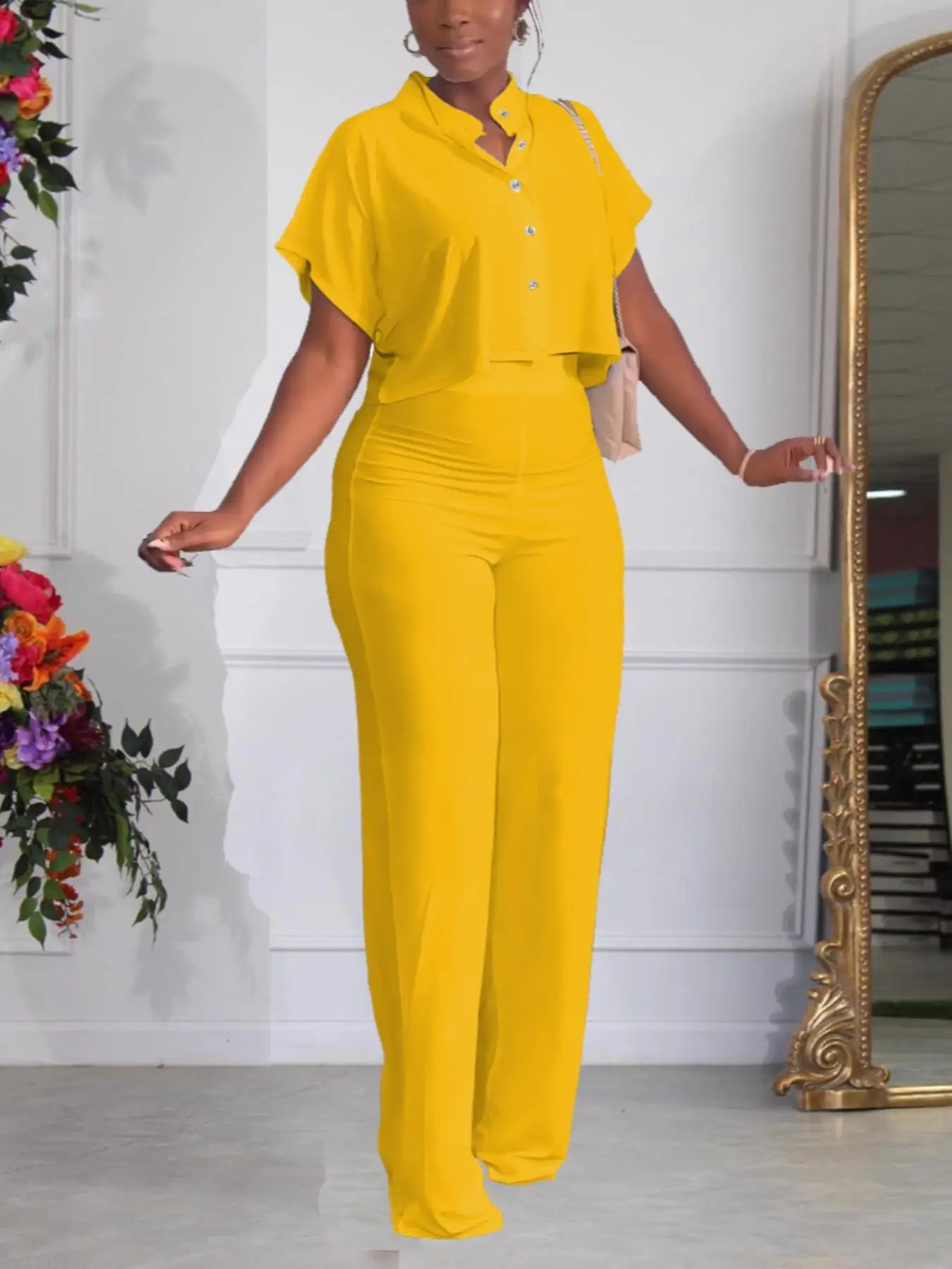 Women's Solid Button Front Crop Top & High Waist Pants Set, Casual Mock Neck Batwing Sleeve Top & Straight Leg Trousers, Fall Outfits for Outdoor Holi