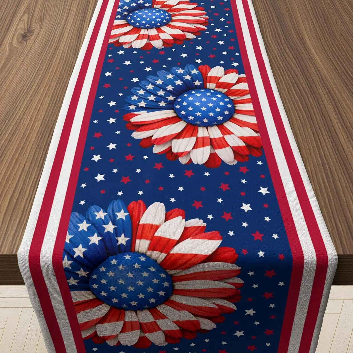 Patriotic Theme Runners - 1-Piece Wrinkle-Resistant Polyester Rectangular USA Stars Floral Table Runner, 73x13.8 Inches Tabletop Decor, Durable 4th of July/Veterans Day Merch for Indoor Outdoor Home