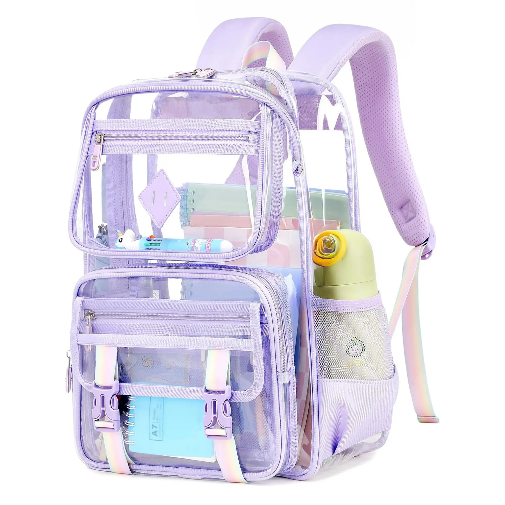 Clear Backpack for School, PVC Clear Bookbag Heavy Duty Transparent Bookbag for Stadium Events Multiple Pockets See Through Bag for Teens Women, Purple