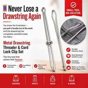 Metal Drawstring Threader & Cord Lock Clip Set – Open & Closed Style