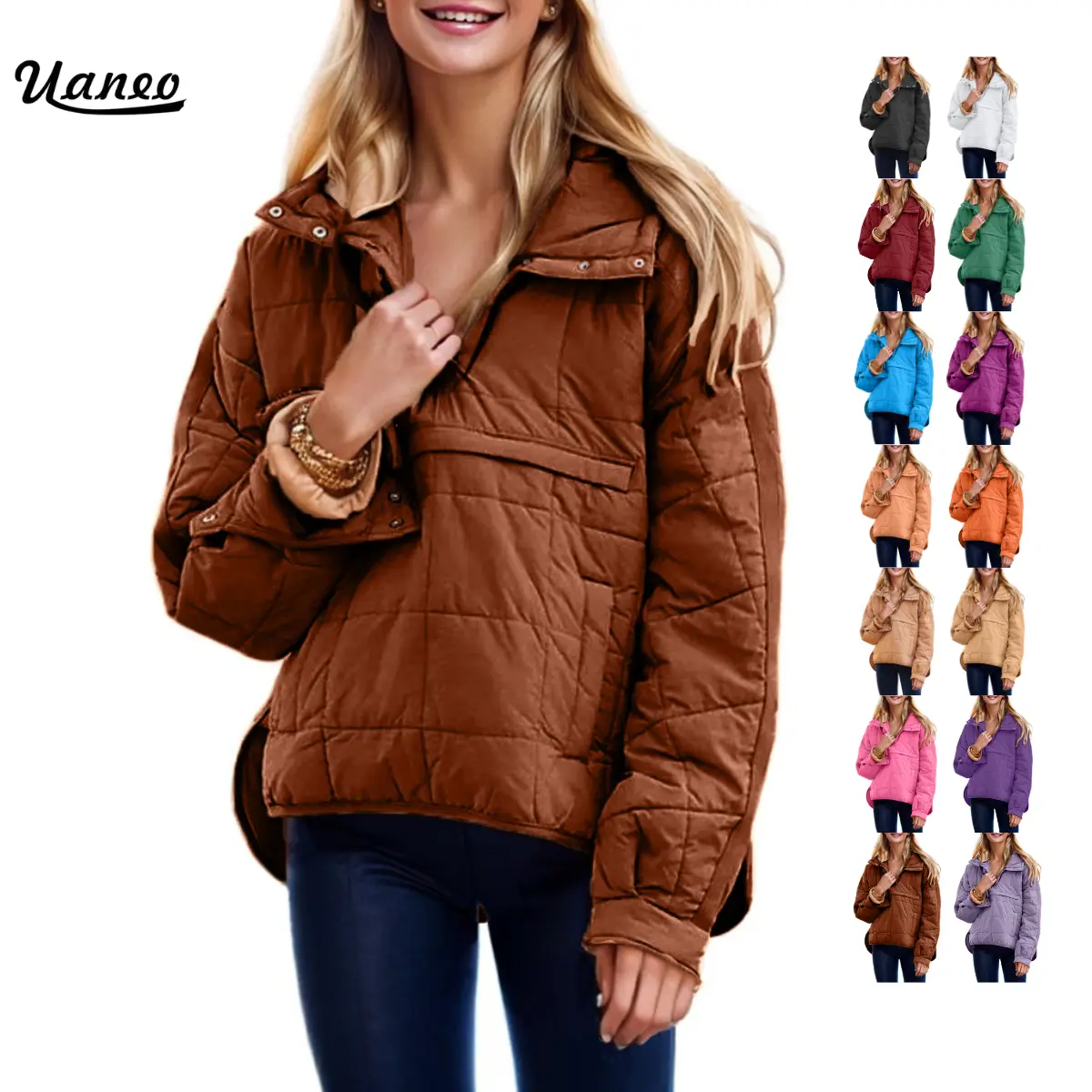 UANEO Women's Oversized Hooded Pullover Puffer Jacket Quilted Dolman Long Sleeve Cozy Lightweight Warm Tops with Big Chest & Side Pockets Casual Outwear