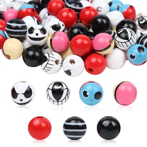 70Pcs Christmas Halloween Eye Skull Wooden Beads Set Natural Solid Buffalo Plaid, Polished Colorful Spacer Beads For Diy Home & Party Decorations Christmas Gift