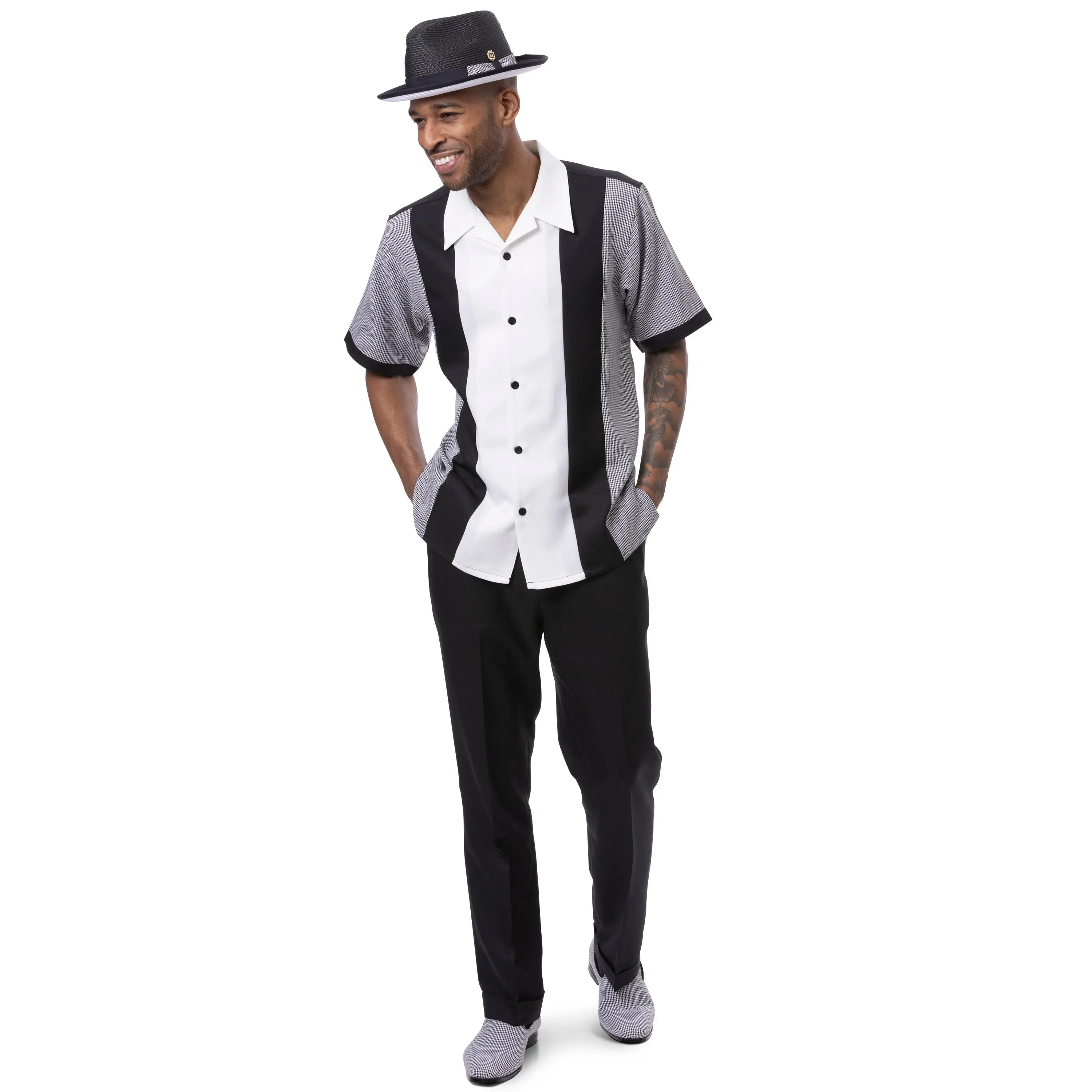 Montique Black Houndstooth Color Block Walking Suit