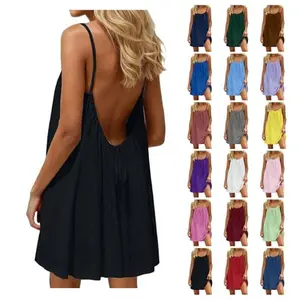 Backless Cami Dresses for Women Cami Lounge Dress Backless Solid Color Sleeveless House Dress Long Sundress with Back Tie