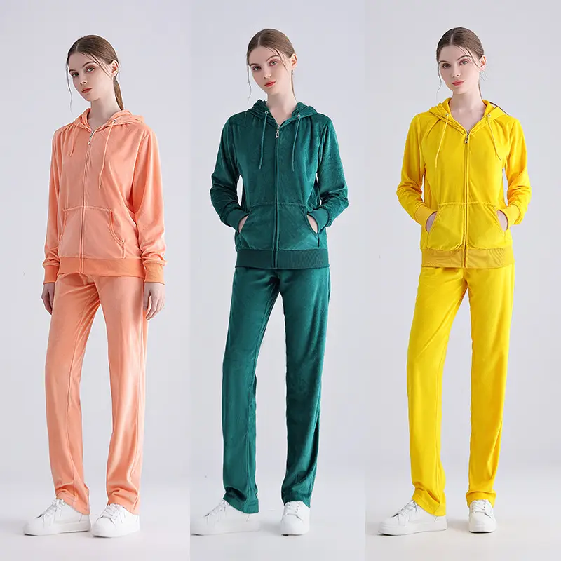 Women Velvet Tracksuit 2 Piece Outfit, Zip‑Up Hooded Jacket & Straight‑Leg Pants Velour Loungewear Set Casual Long‑Sleeve Sportswear