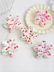 5pcs Summer Sweet Cherry Print Hair Claw Clips, Simple Fresh Floral Design, Beach Vacation Style, Suitable for Ponytail & Shark Clip