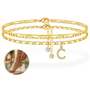 DEW DROP Letter Layered Ankle Bracelets for Women Dainty Chain Initial Pendant Anklets Set Hypoallergenic A-Z Gifts for Girls Trendy Adjustable Size Waterproof Costume Accessories