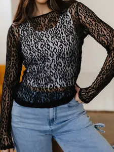 Women Black Leopard Pattern Sheer Mesh Long Sleeve Tops Casual Daily Outfits Mock Neck Long Sleeve Shirts Layering Pieces Holiday Party Apparel Slim Fit Undershirts Trendy Wardrobe Essentials