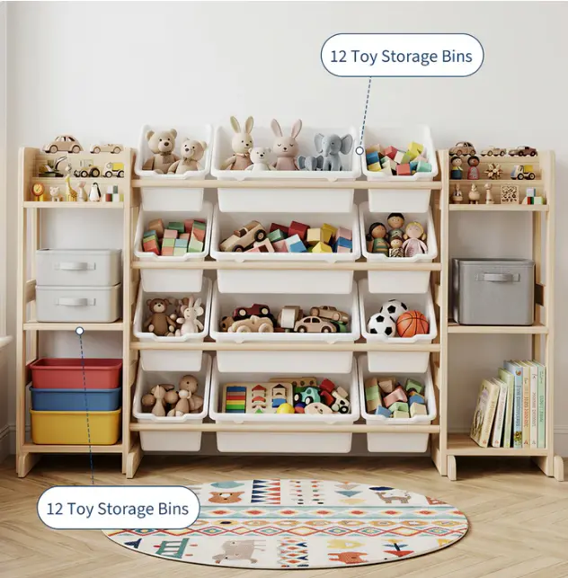 Spacious Toy Storage Organizer for Kids – 12 Removable Bins & 6 Open Shelves – Solid Wood Bookshelf Cabinet – Multi-Compartment Storage Unit for Playroom, Bedroom, Nursery – Color: White