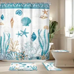 HomeNook Goods 1pc/4pcs Vintage Beach Shower Curtain Set, Rustic Ocean Theme Teal Nautical Coastal Retro Blue Starfish Seashell Modern High Quality Shower Curtain with Hook, Bathroom Non-slip Mat, Toilet U-shaped Mat, Cover Mat, Home Decor