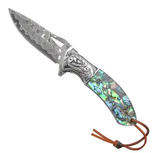 Outdoor camping folding knife, Damascus steel, abalone shell pattern handle, multifunctional knife, camping knife, barbecue, hiking, fishing, men's gift