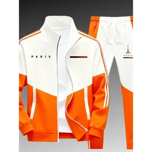 Men's casual stand up collar jacket and pants set, 2-piece letter printed business outdoor sports jacket+drawstring casual pants for daily casual wear, fitness and sports set