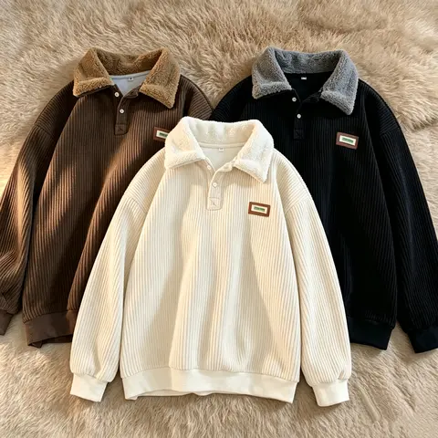 Autumn/winter Fleece-lined Thickened Corduroy Polo Sweatshirt Loose Fit Hong Kong Style Top For Outerwear vintage Hoodie outfits men deals for today