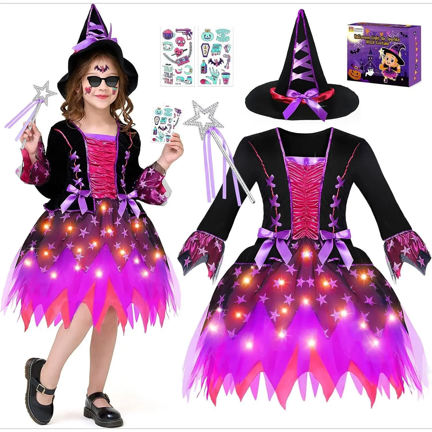 X-CPA02   Witch Costume for Girls Light Up Halloween Costumes with Witch Hat Wand Witch Dress Up Costumes for Toddlers 3t-4t 5t-6t LED Glow in the Dark Kids Witch Costumes Halloween Role-Play Party