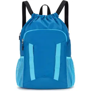 Drawstring Backpack for Kids Sports Gym Bag with Shoes Compartment, Water Resistant Beach Swim Bag String Backpack for Boys and Girls, Blue