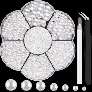 Nail Art Flat Back Half Round Pearl Kits 3, Mixed Sizes 6000 Pcs White Small Pearls for Nails with Picking Tools for Graduation Cap Decorations Home DIY Body Face Craft Salon Use