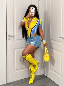 Eye-Catching Blue Racing Jumpsuit, Deep V Zipper & Print Design, Elastic Fitted, All Seasons Wear, Sexy Style