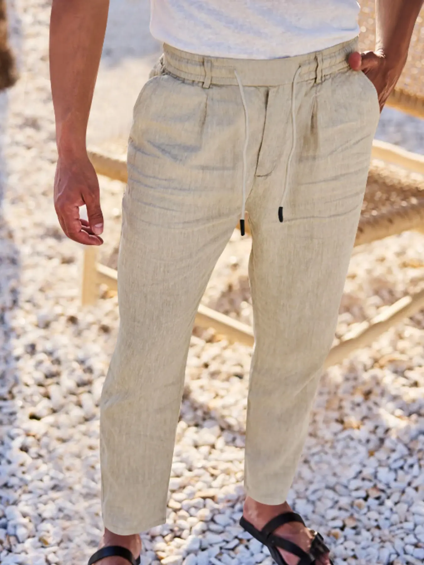 Men's Loose Casual Style Linen Pants, Pocket Drawstring Solid Color Plain Hip Hop Beach Sports Wide Leg Long Pants, Comfortable Versatile All-Season Wear