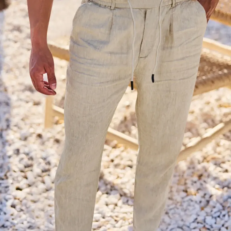 Men's Linen Pants, Fashion Trousers, Pocket Drawstring Solid Color Plain Hip Hop Beach Sports Wide Leg Long Pants, Comfortable Versatile All-Season Wear