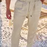 Men's Linen Pants, Fashion Trousers, Pocket Drawstring Solid Color Plain Hip Hop Beach Sports Wide Leg Long Pants, Comfortable Versatile All-Season Wear