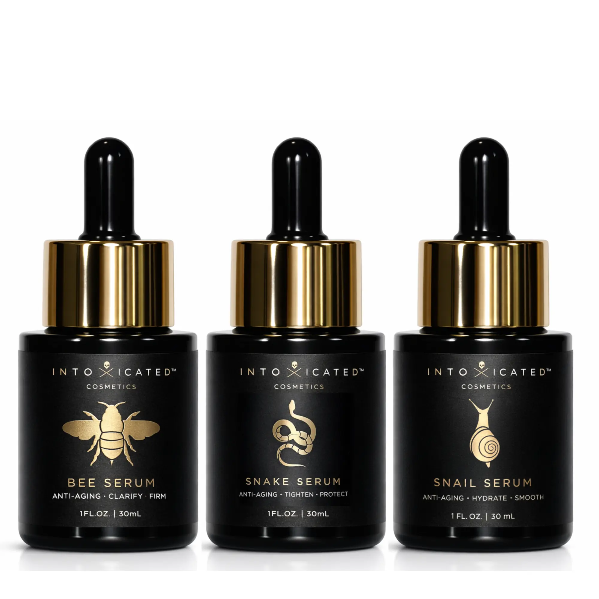 Intoxicated Cosmetics Snail, Snake, & Bee Serum Set - Anti-Aging Trio for Hydration, Repair & Firmness - 1 fl oz Each