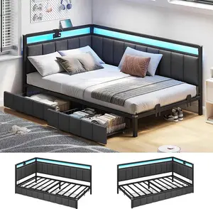 Sikaic Corner Bed Frame with Storage Drawers, Daybed with Line Fabric Upholstered Fence, Kids Bed Unit with LED Light and Charging Station, Modern Bed Frame