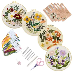 4 Sets Embroidery Kit for Beginners,Hand DIY Cross Stitch Kits,2 pcs Embroidery Hoop,4 pcs Plants Flowers Embroidery Patterns and Threads,Easy for The Embroidery Beginners to Learn - Home Improvement.