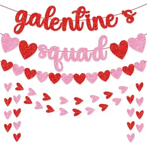 Galentines Day Decorations, No DIY Glitter Red Pink Galentine's Squad Banner Heart Banner Heart Garland for Valentines Galentines Day Girls Ladies Party Decor Supplies