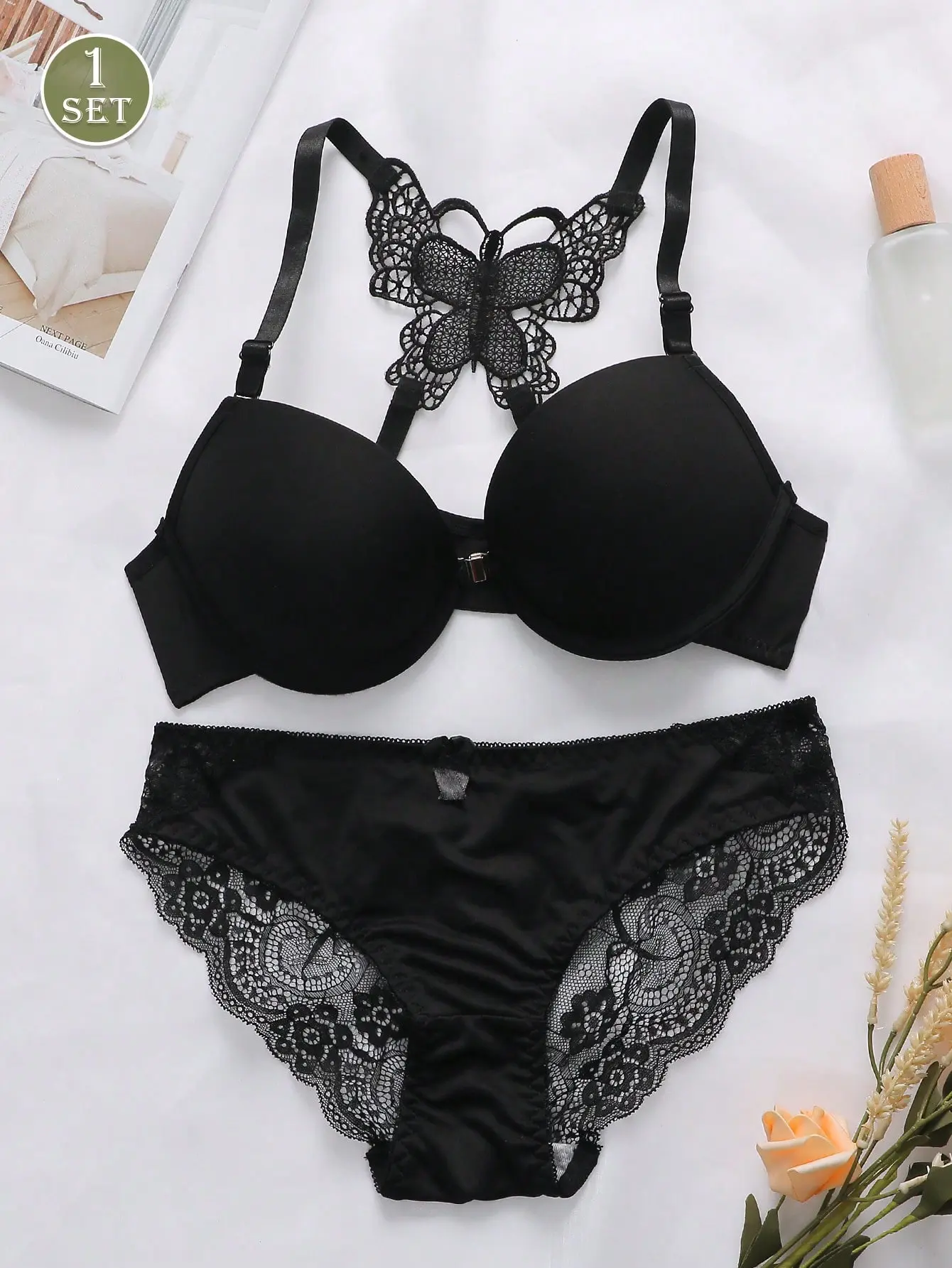 1Set Women's Lace Underwire Push Up Bra &Panties Set, Lingerie