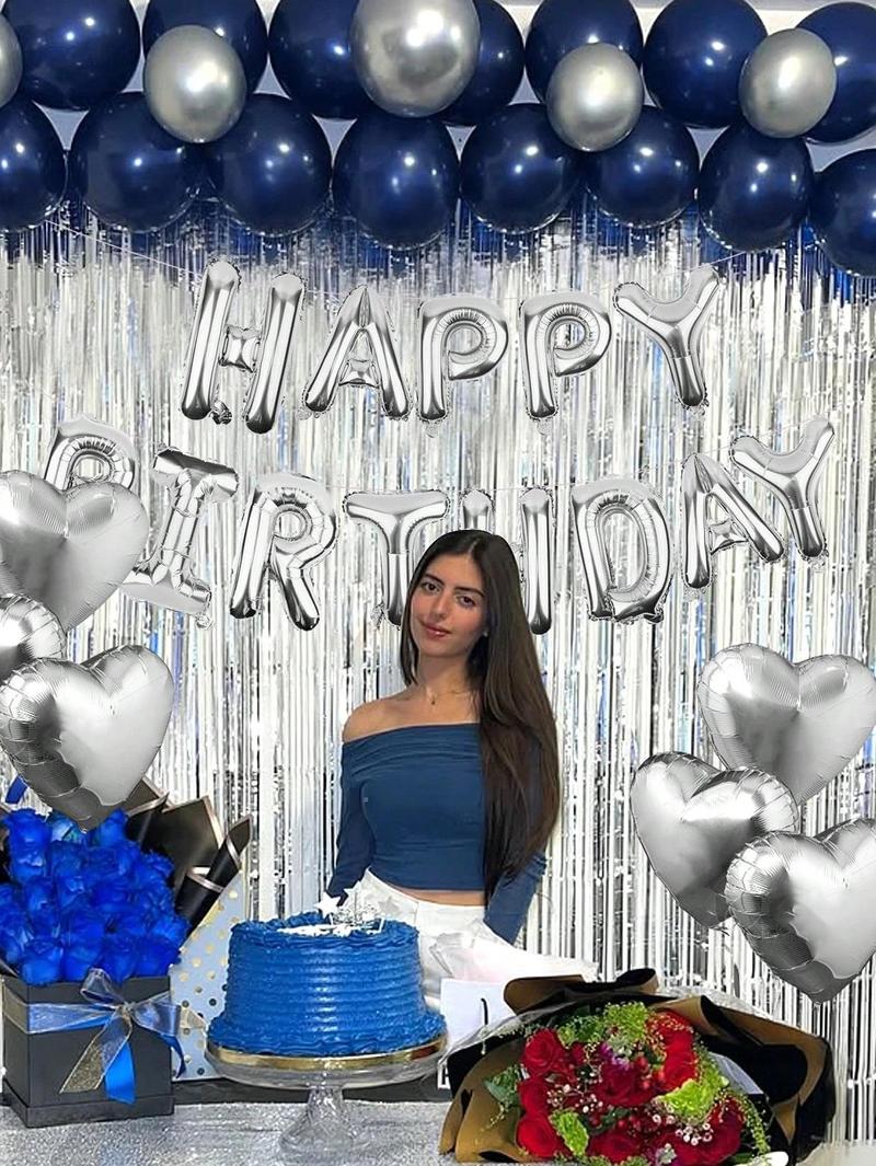 61pcs Silver and Blue Balloon Set for Party Holiday and Birthday Includes 16 Inch Foil Letter Balloons Silver Heart Foil Balloons Metallic Silver and Matte Navy Blue Latex Balloons Red Light Eye Therapy Mask Plastic Dice PE Material Multicolor Decorations