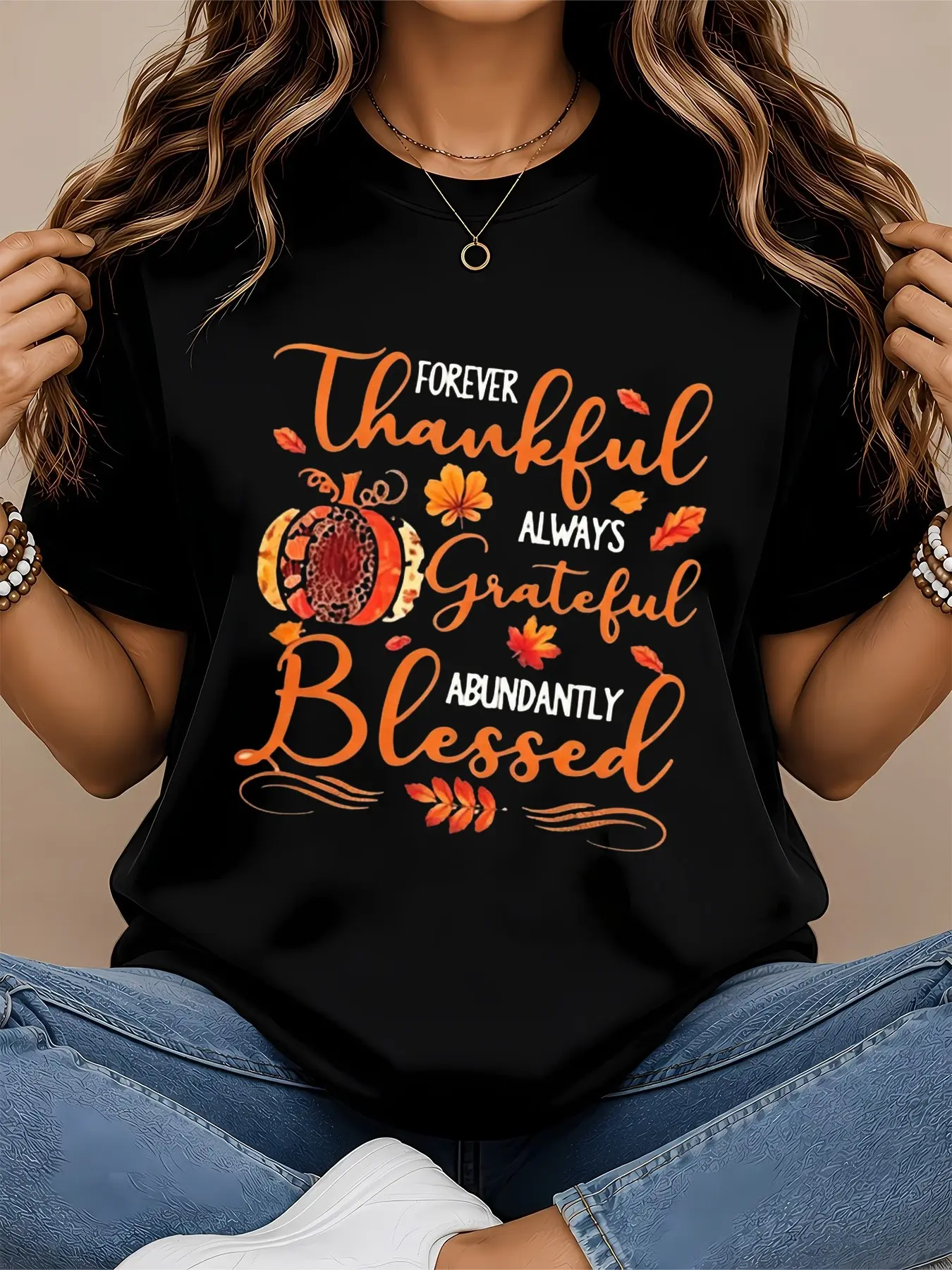 Women's Vintage Fall Thanksgiving Short-Sleeves T-Shirt - Comfortable Fabric, Thankful Grateful Blessed Quote, Leopard Pumpkin & Autumn Leaves Print, Casual Crew Neck Tee for Holiday Gathering