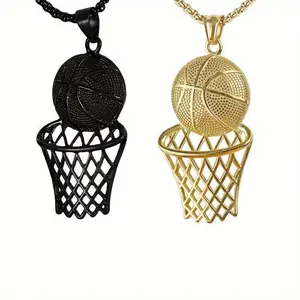 2Pcs Golden Stainless Steel Basketball Necklace for Men, 3D Pendant, Hip Hop Sports Jewelry Gift for Basketball Players & Fans