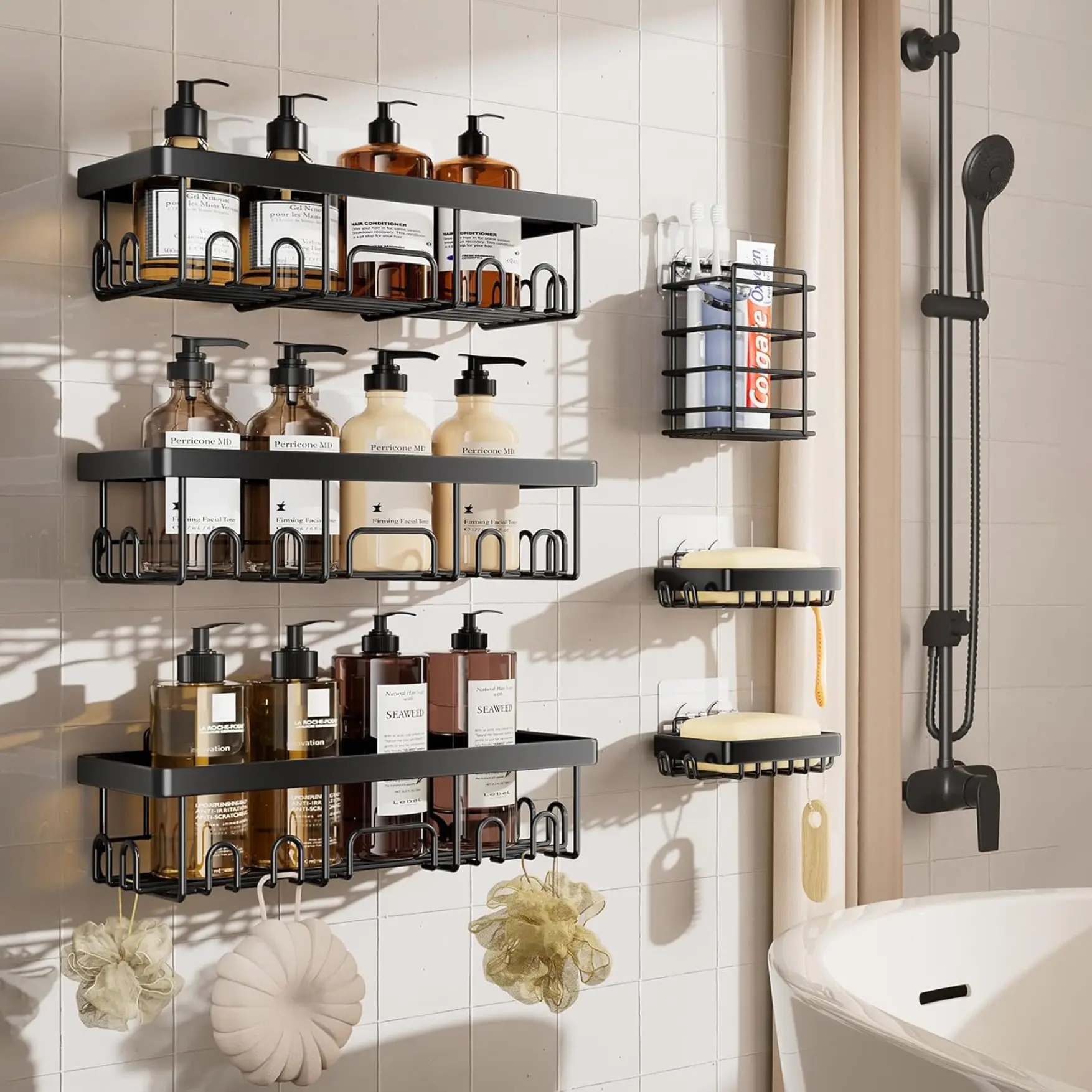 Adhesive Shower Caddy 6-Pack,Large Capacity Bathroom Organizer and Storage,Rustproof Rack with Soap Holder,No Drilling Wall-Mounted Kitchen&Home Decor