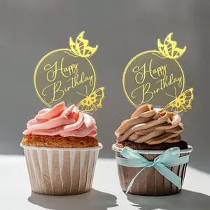10pcs/20pcs Acrylic Happy Birthday Butterfly Cupcake Topper for Birthday Party Cake Dessert Decoration Supplies