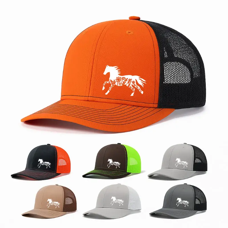 Floral Horse Printed Trucker Style Hat - Adjustable Stylish Statement Cap, Casual, Adjustable Snapback, Mesh Back, Curved Brim, Lightweight Breathable, Ideal for Outdoor Activities, Adjustable Stylish Hat
