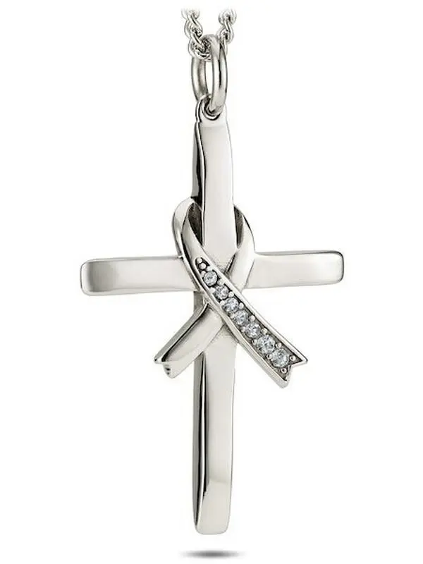 Women's Stainless Cross with Crystal Ribbon Necklace | Inscribed with Isaiah 46:4 Bible Verse