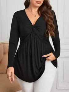 【Plus Size】 Solid Twist Ruched V Neck Tee, Casual Long Sleeve T-shirt for Fall & Winter, Women's Clothing for Daily Wear