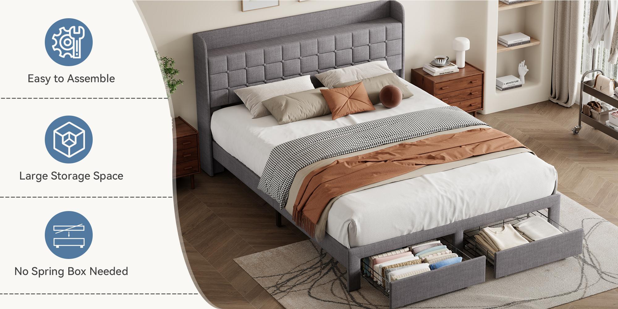 Upholstered Platform Bed Frame with Storage, Full Size Bed Frame with 2 Metal Baskets & Fabric Headboard, Wooden Slats Support, No Box Spring Needed, Easy Assembly, Bedroom Furniture