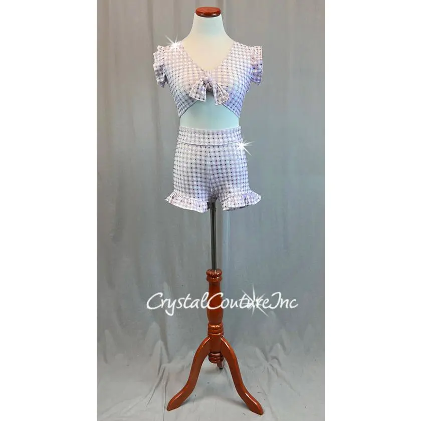Lavender and White Checkered Tie Front Top with Ruffle Shorts - Rhinestones