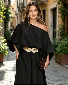 Women's 2026 Summer Minimalist Batwing Off-Shoulder Long-Sleeve 2-Piece Set, Lady's Basic Loose Casual Solid Color Wide-Leg Pants Clothes for Vacation