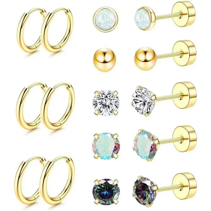 8-Piece Flat Back Earrings for Women Surgical Steel Earrings for Sensitive Ears Hoop Stud Cartilage Tragus Piercings girl night gauge