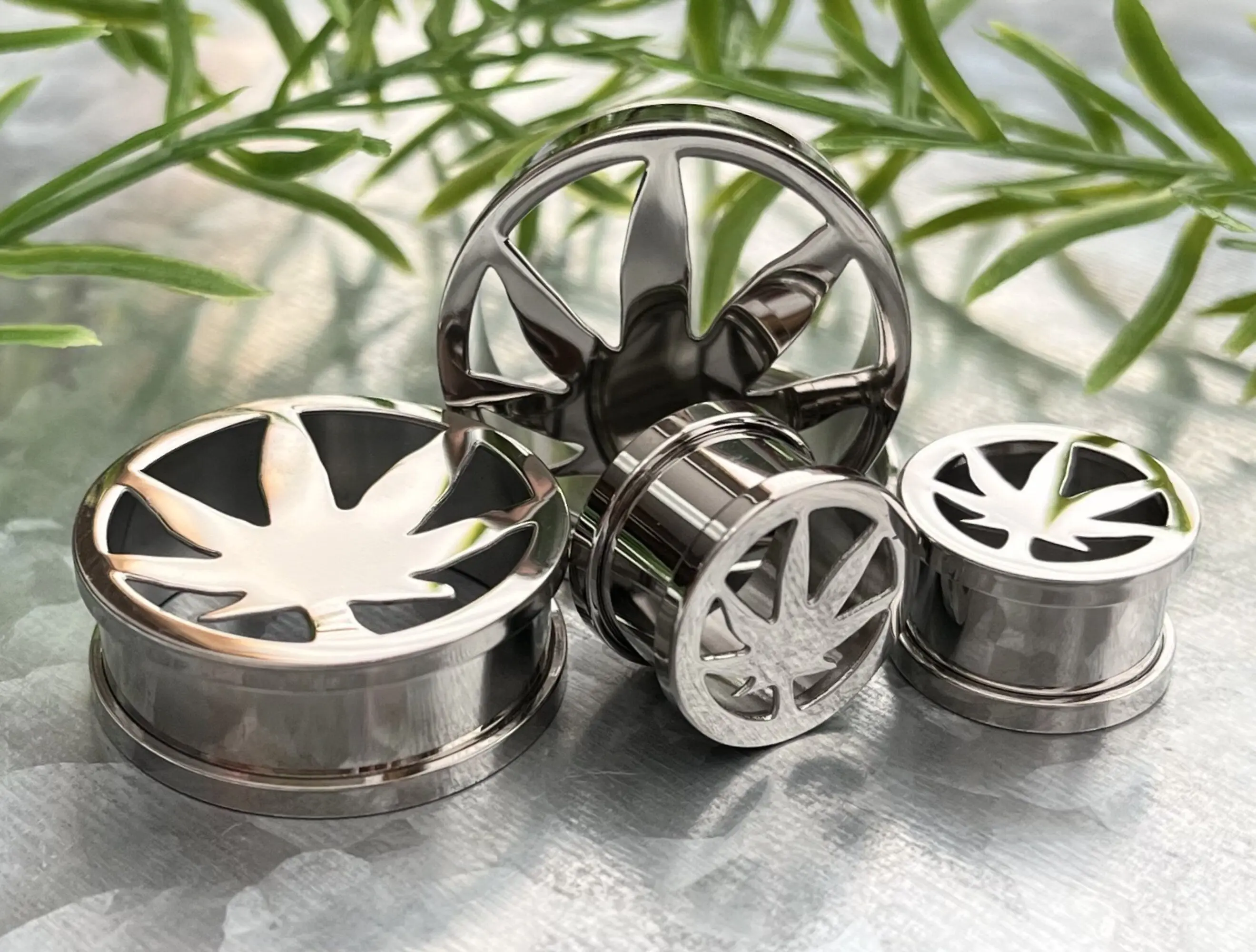 PAIR of Unique Pot Leaf Marijuana Steel Screw Fit Tunnels/Plugs - Gauges 0g (8mm) thru 1" (25mm)