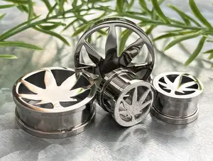 PAIR of Unique Pot Leaf Marijuana Steel Screw Fit Tunnels/Plugs - Gauges 0g (8mm) thru 1" (25mm)